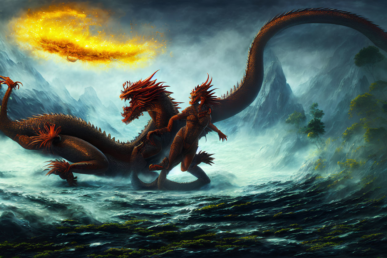 Mythical red dragon with multiple heads in stormy ocean scene