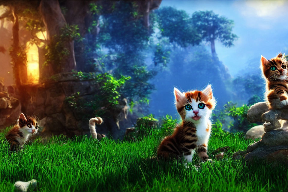 Three animated kittens in lush, mystical forest with vibrant greenery