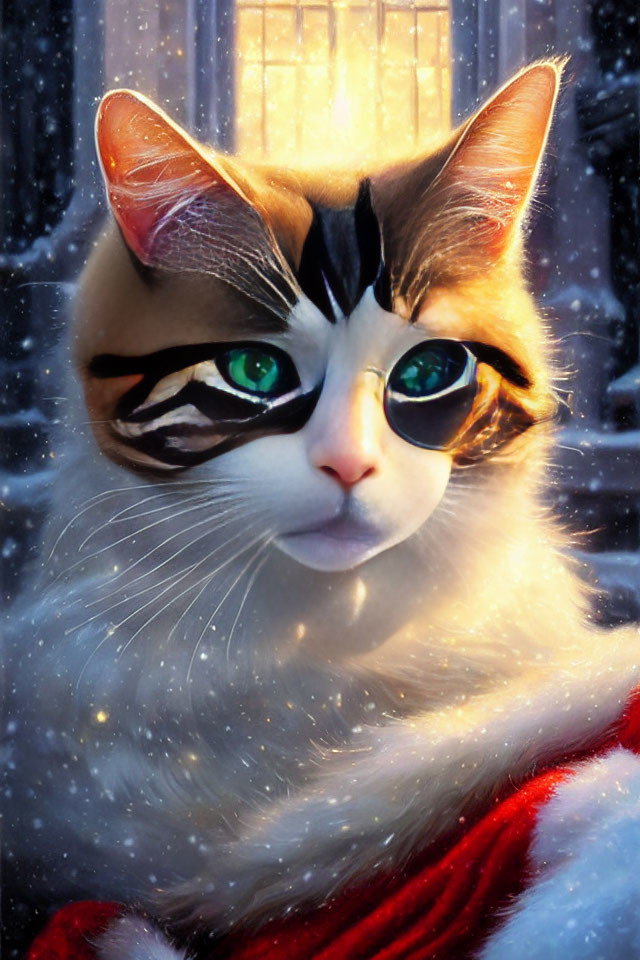 Whimsical cat art: green-eyed feline in sunglasses and red scarf on snowy background