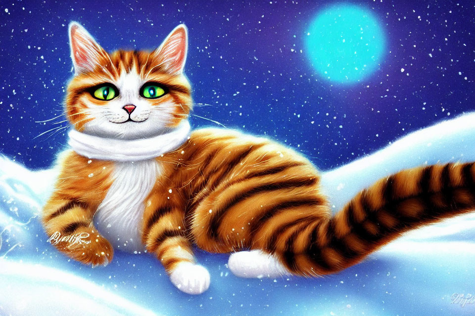 Orange Tabby Cat with Green Eyes in Snowy Scene