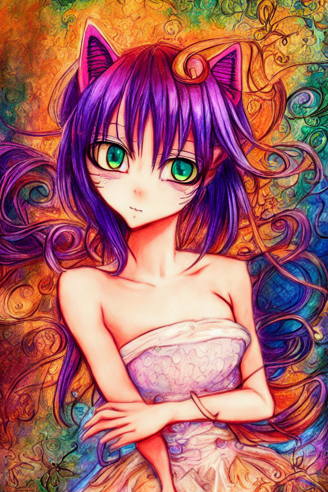 Female character with purple cat ears and hair in strapless dress on colorful abstract background