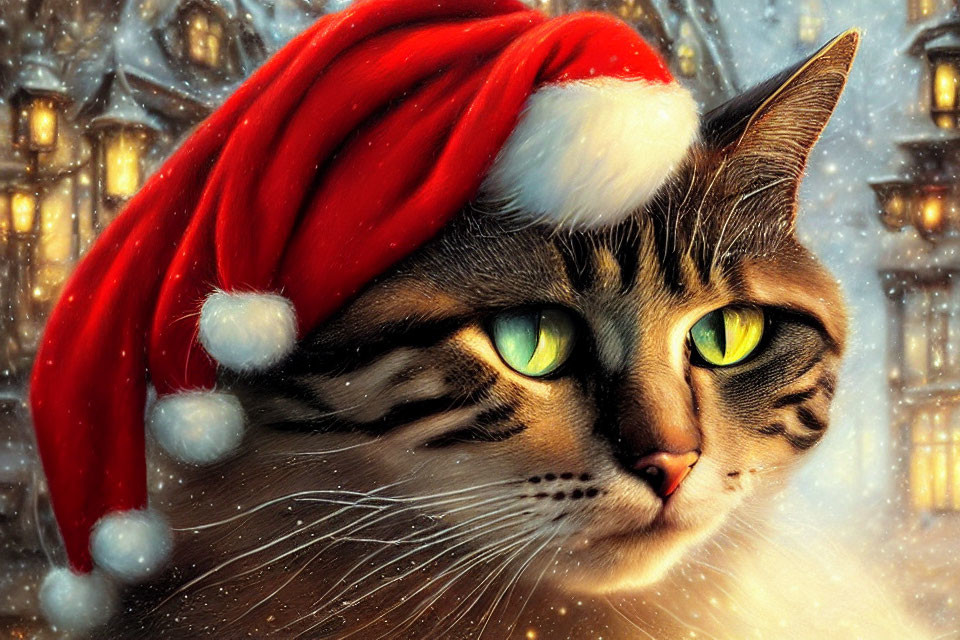 Tabby Cat in Santa Hat Surrounded by Glowing Lanterns in Snowy Scene