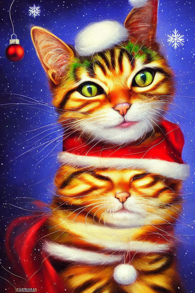 Colorful Illustration of Two Cats in Santa Hat on Starry Night Background