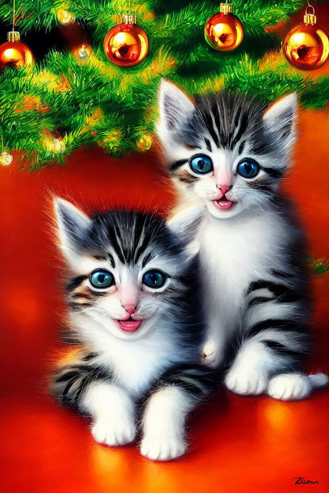 Two Blue-Eyed Kittens by Christmas Tree with Orange Baubles