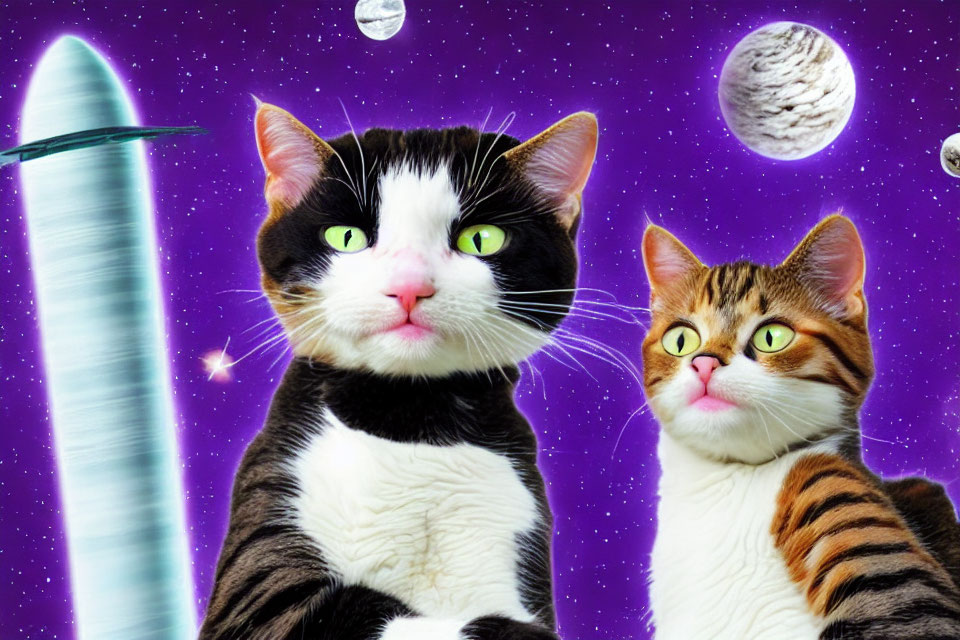 Two cats in space-themed setting with rocket, planets, and stars