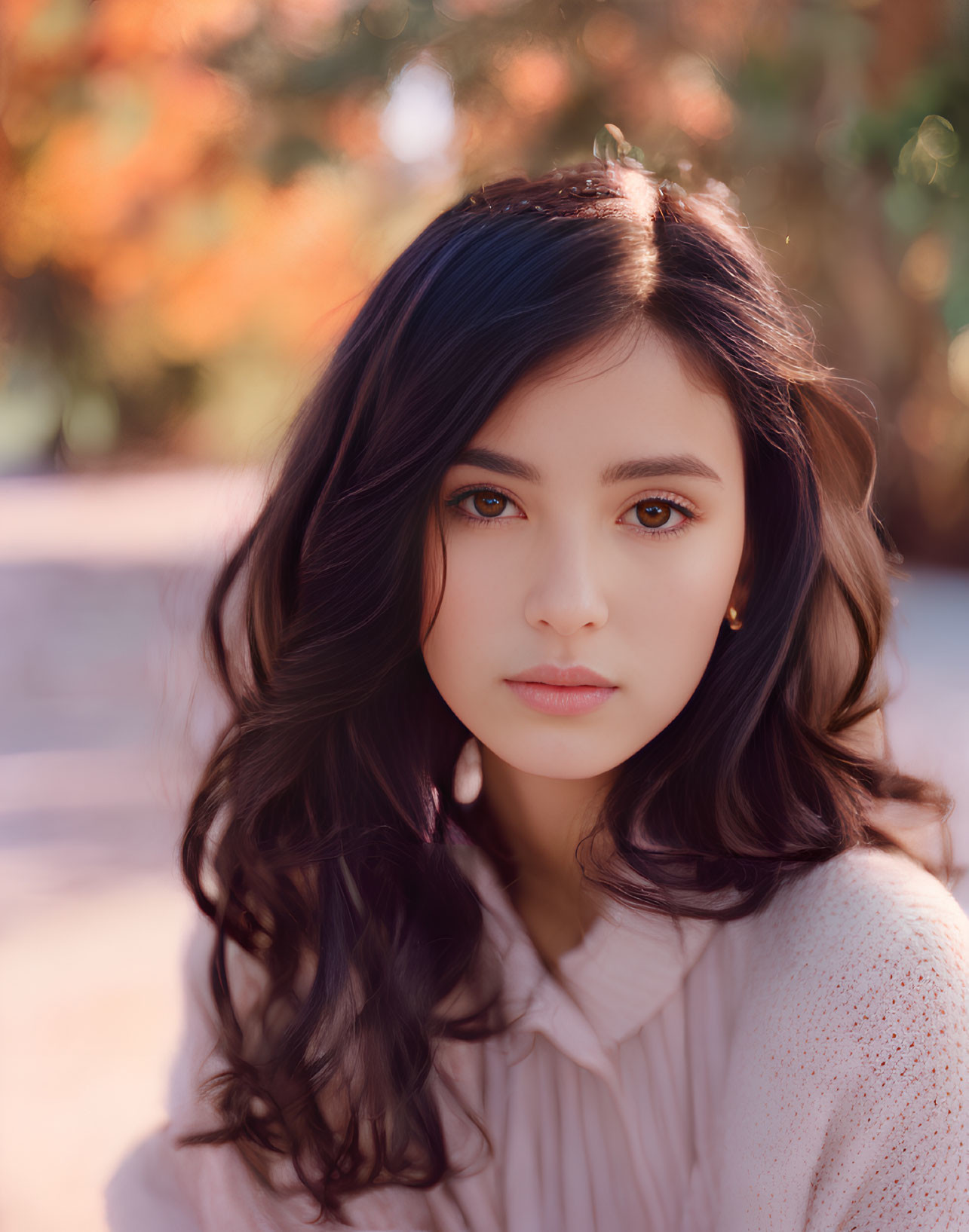 Woman with Dark Wavy Hair in Light Sweater in Autumnal Setting