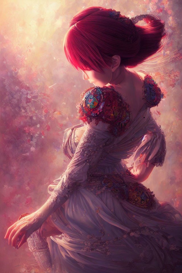 Digital artwork: Woman with vibrant red hair in ornate dress, dreamy background