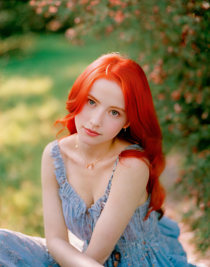 Red-haired woman in blue dress surrounded by greenery, looking at camera