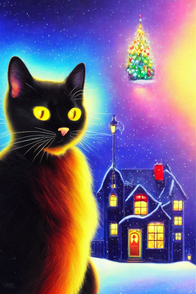 Black Cat and Christmas Tree Scene with Snowy House