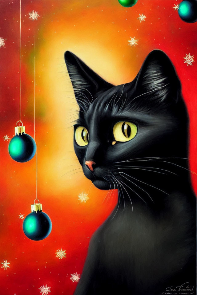 Black Cat with Yellow Eyes in Festive Christmas Scene