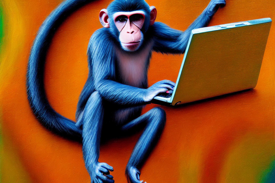 Digitally manipulated monkey with human-like features using laptop on orange background