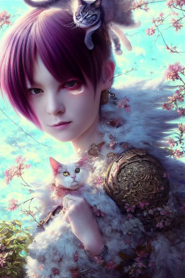 Purple-haired person in ornate armor with cats and cherry blossoms.