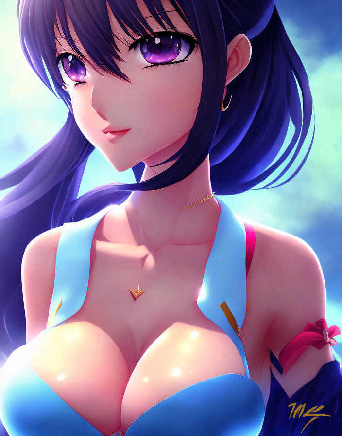 Dark-haired female character in anime style with purple eyes, blue attire, and golden pendant