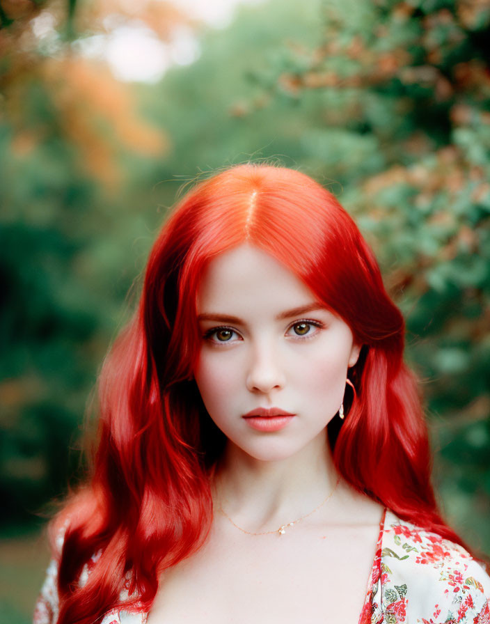 Red-haired woman in floral dress with subtle makeup against green background