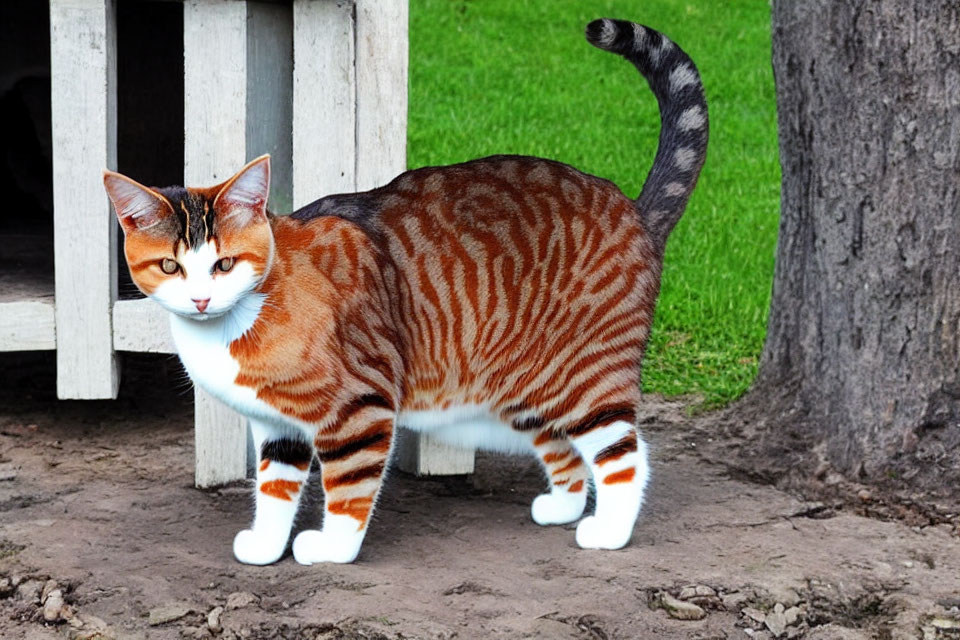 Orange Tabby Cat with White Paws and Chest Next to Wooden Structure