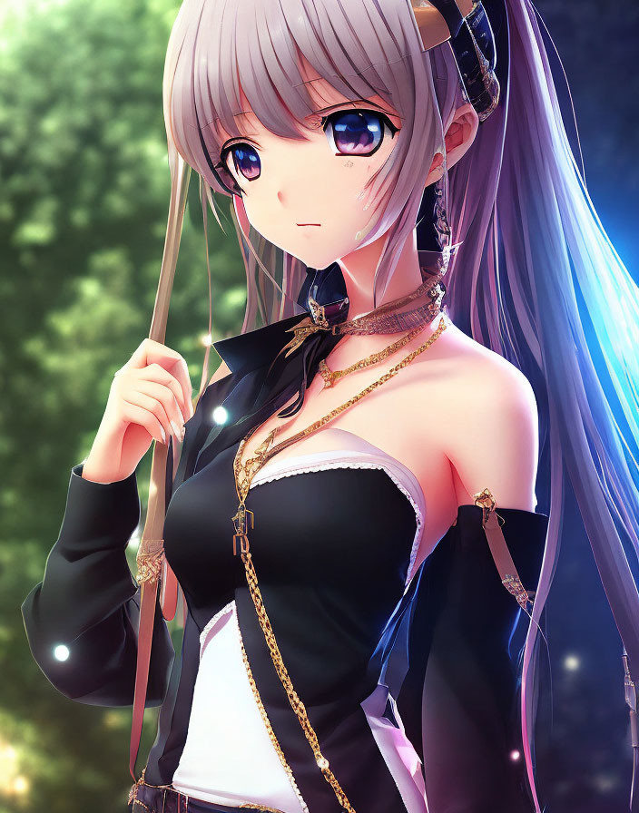 Blue-haired anime girl in off-shoulder top with gold chains, nature background