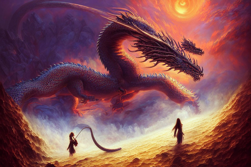 Majestic dragon with two figures in epic fantasy scene