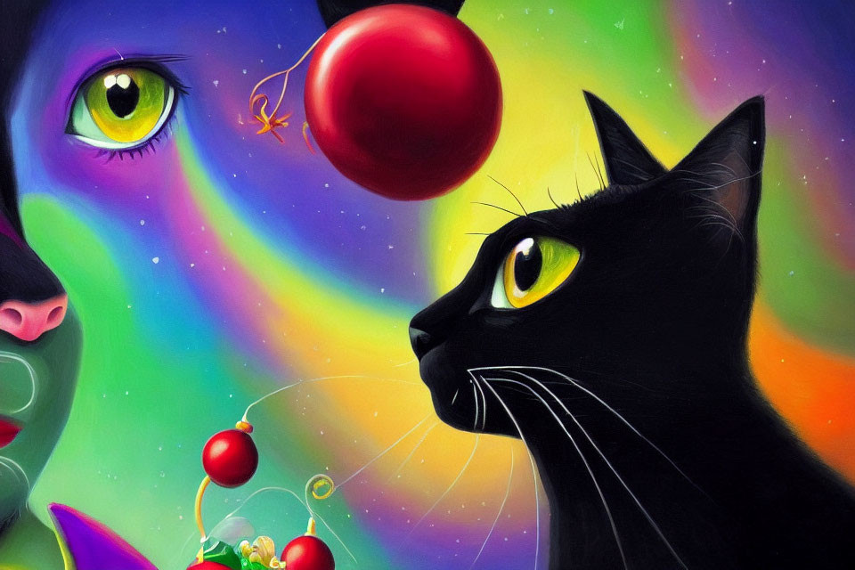 Colorful surreal art: Black cat, yellow eyes, red apple, and human face.