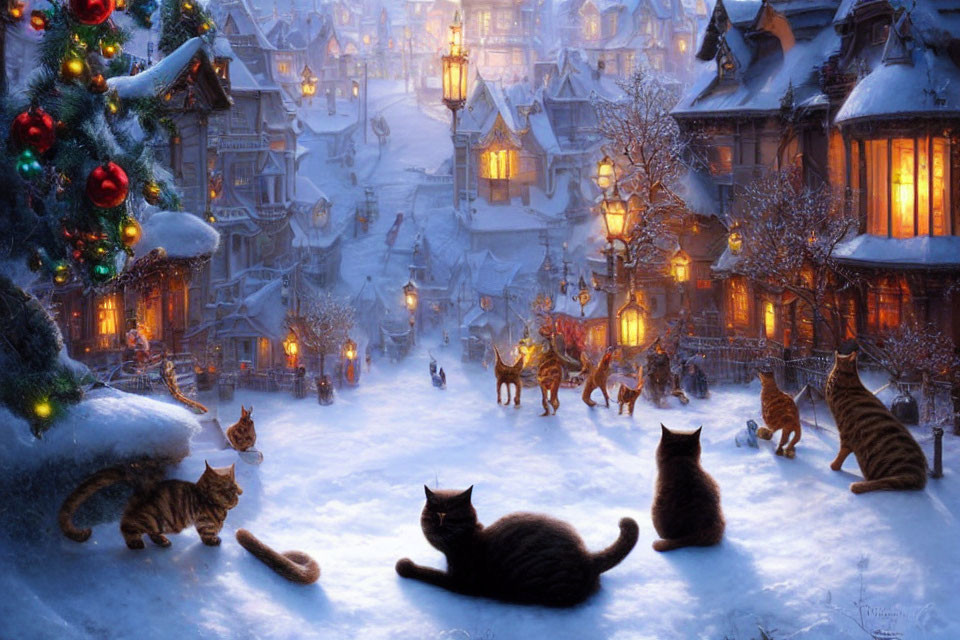 Whimsical winter scene: Cats in snowy Christmas village