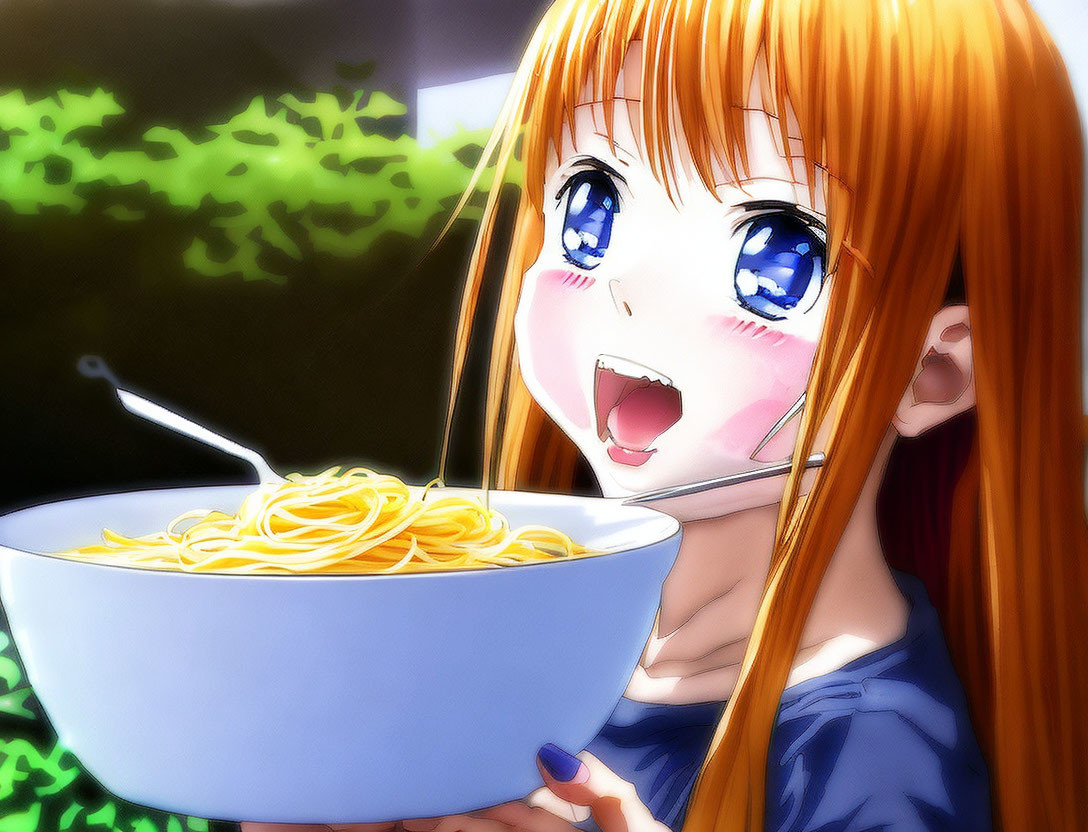 Anime girl with orange hair holding a bowl of noodles