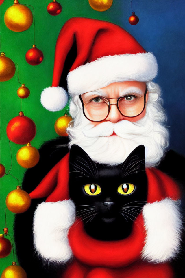 Santa Claus holding a black cat in festive setting