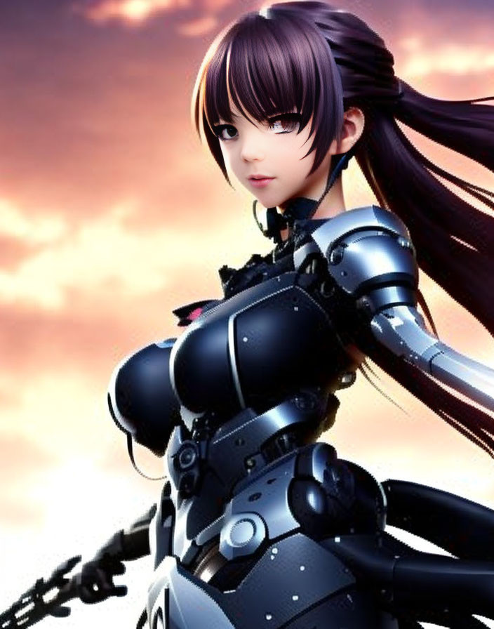 Brown-haired Female Character in Futuristic Black Armor on Dramatic Sky Background