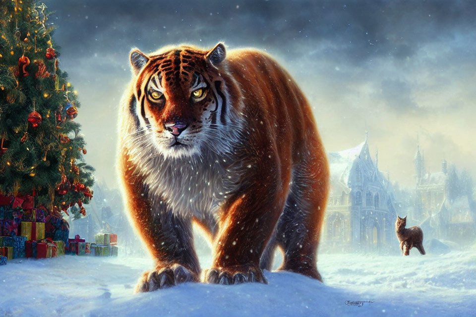 Snowy Scene with Majestic Tiger, Christmas Tree, Presents, Cat, and Architecture