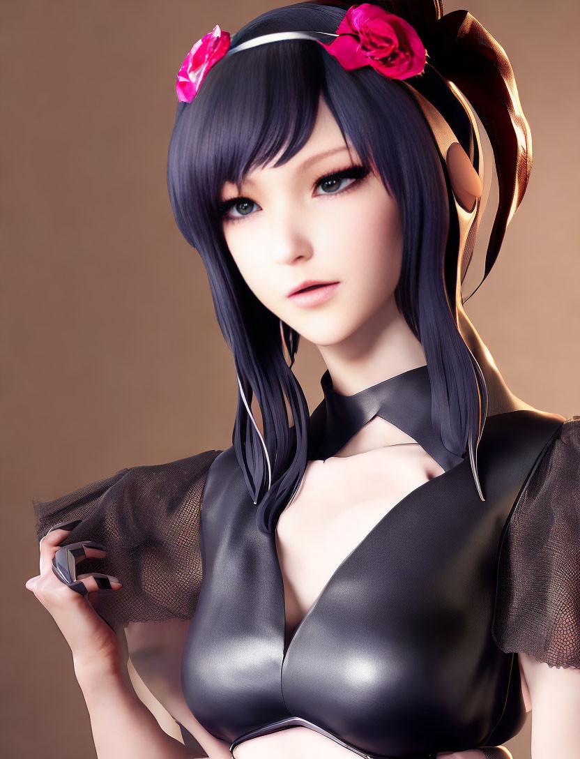 Digital 3D illustration of female character with dark hair, blue eyes, and red flowers, wearing