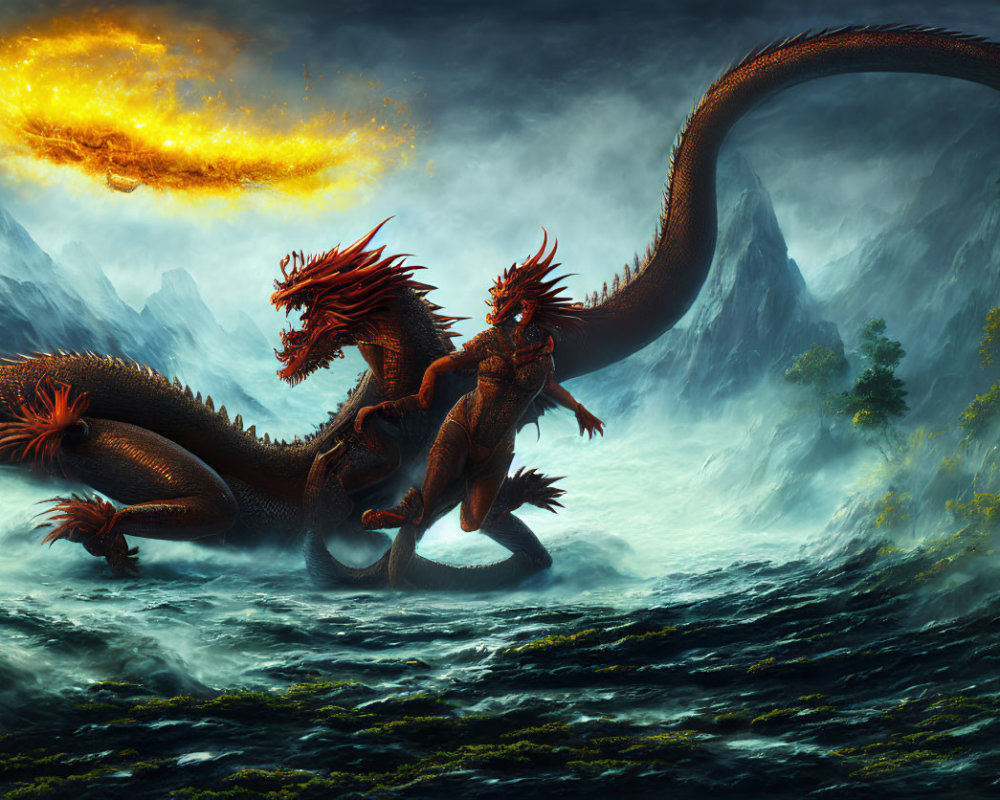 Mythical red dragon with multiple heads in stormy ocean scene