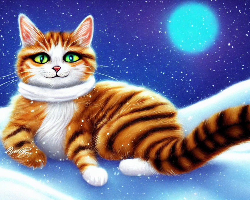 Orange Tabby Cat with Green Eyes in Snowy Scene