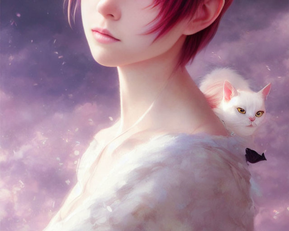 Pink-haired person with horns and white cat in fluffy wrap against pink cloudy sky