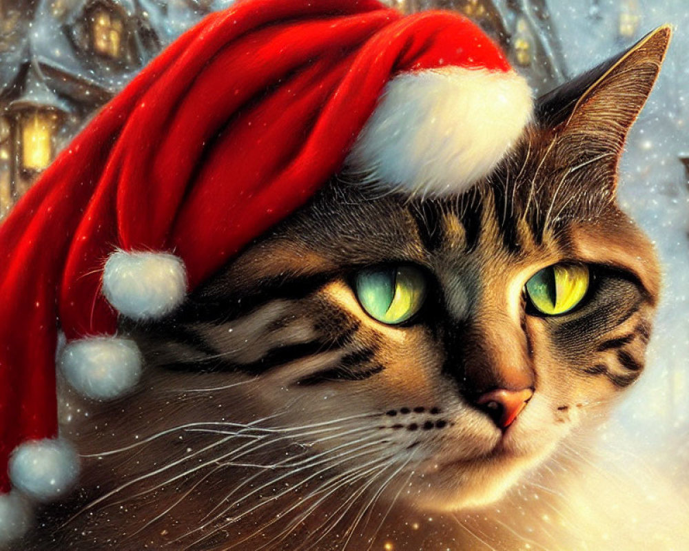 Tabby Cat in Santa Hat Surrounded by Glowing Lanterns in Snowy Scene