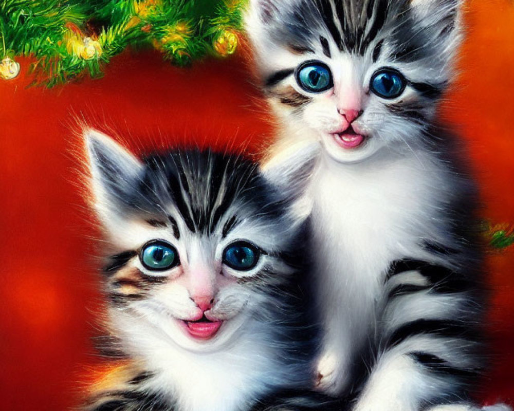 Two Blue-Eyed Kittens by Christmas Tree with Orange Baubles