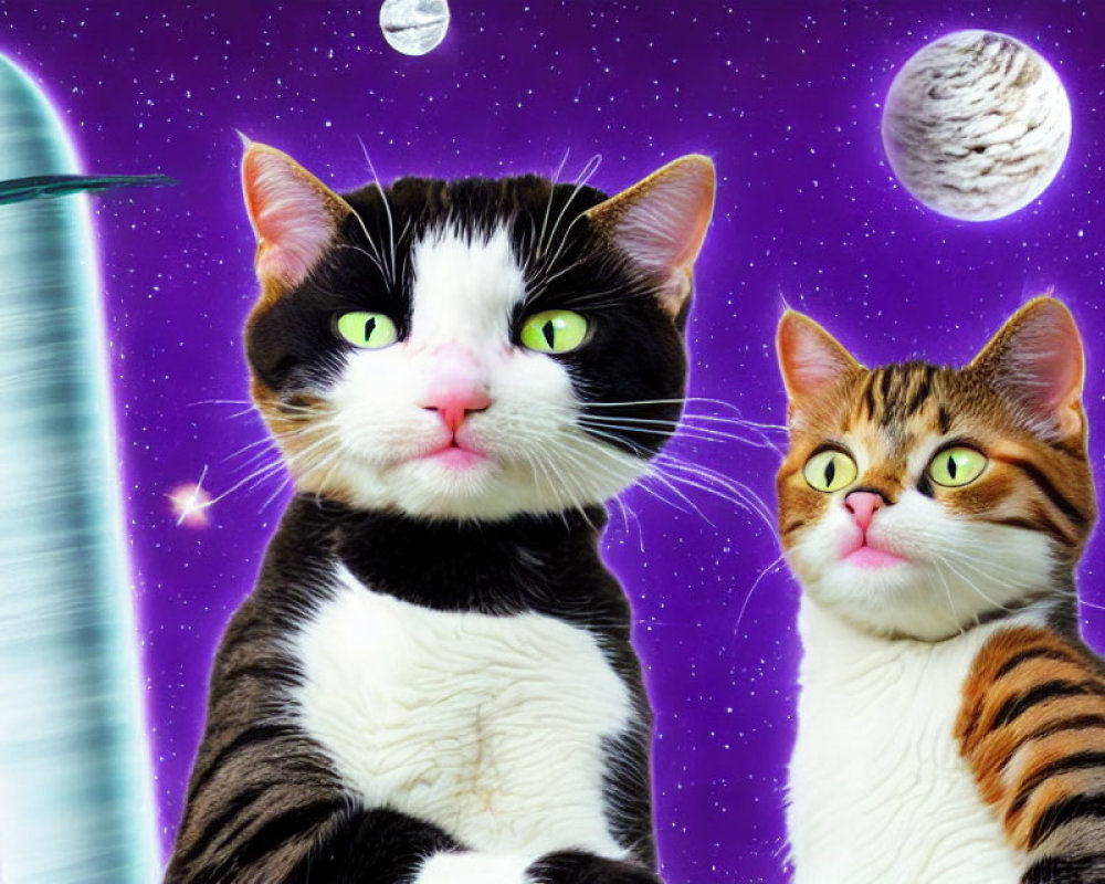 Two cats in space-themed setting with rocket, planets, and stars