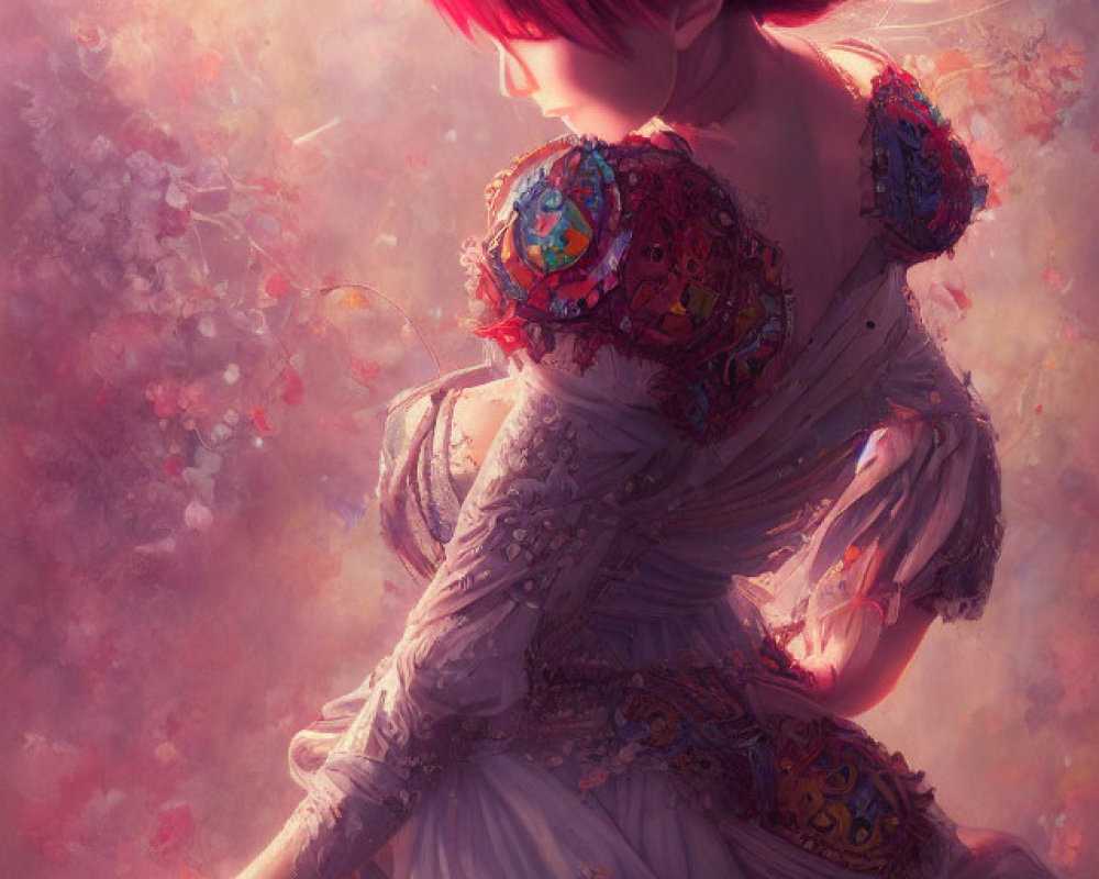 Digital artwork: Woman with vibrant red hair in ornate dress, dreamy background