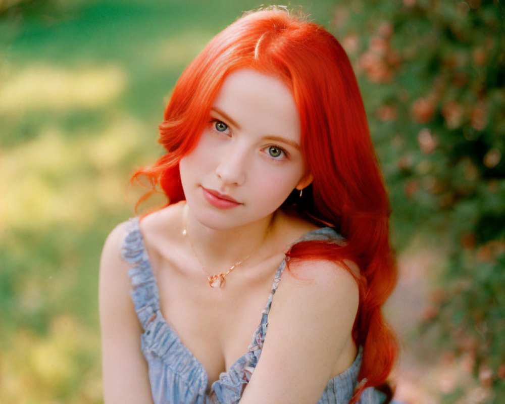 Red-haired woman in blue dress surrounded by greenery, looking at camera