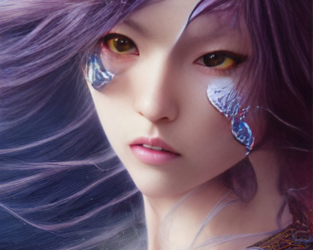 Fantasy portrait of female character with purple hair and yellow eyes