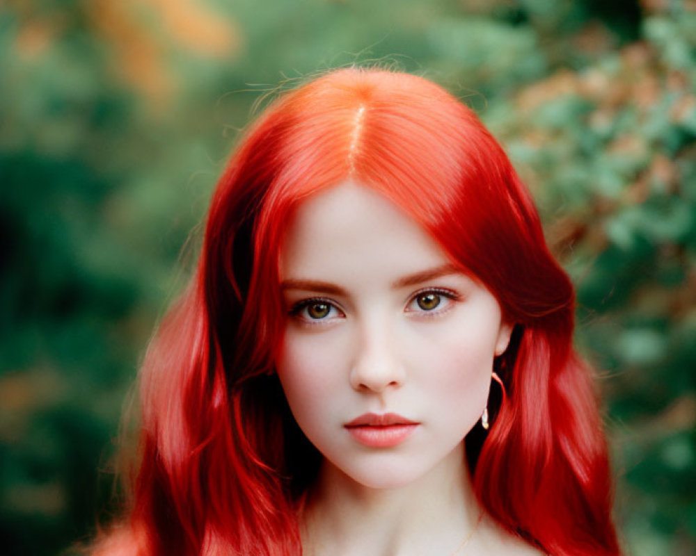 Red-haired woman in floral dress with subtle makeup against green background