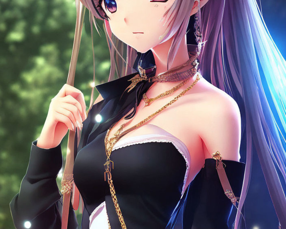 Blue-haired anime girl in off-shoulder top with gold chains, nature background