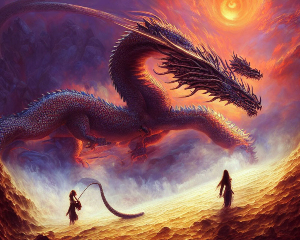 Majestic dragon with two figures in epic fantasy scene