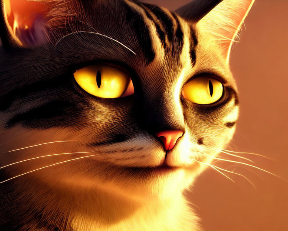 Detailed 3D-rendered tabby cat with yellow eyes and fur under warm lighting