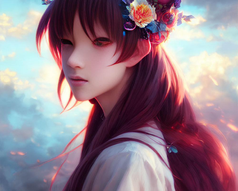 Digital artwork: Person with red hair, fox ears, floral headband, red eyes in dreamy