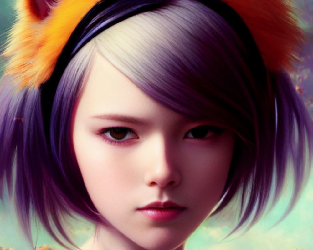 Illustration of person with fox ears, purple hair, intense gaze, floral background