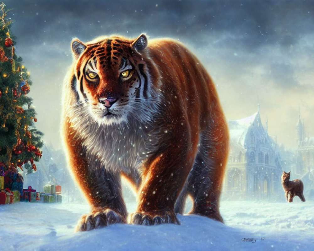 Snowy Scene with Majestic Tiger, Christmas Tree, Presents, Cat, and Architecture