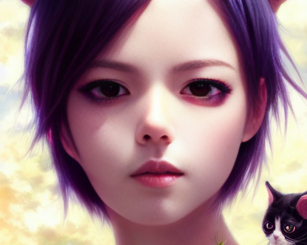 Digital artwork featuring girl with cat ears, purple hair, floral headband, and black-and-white cat