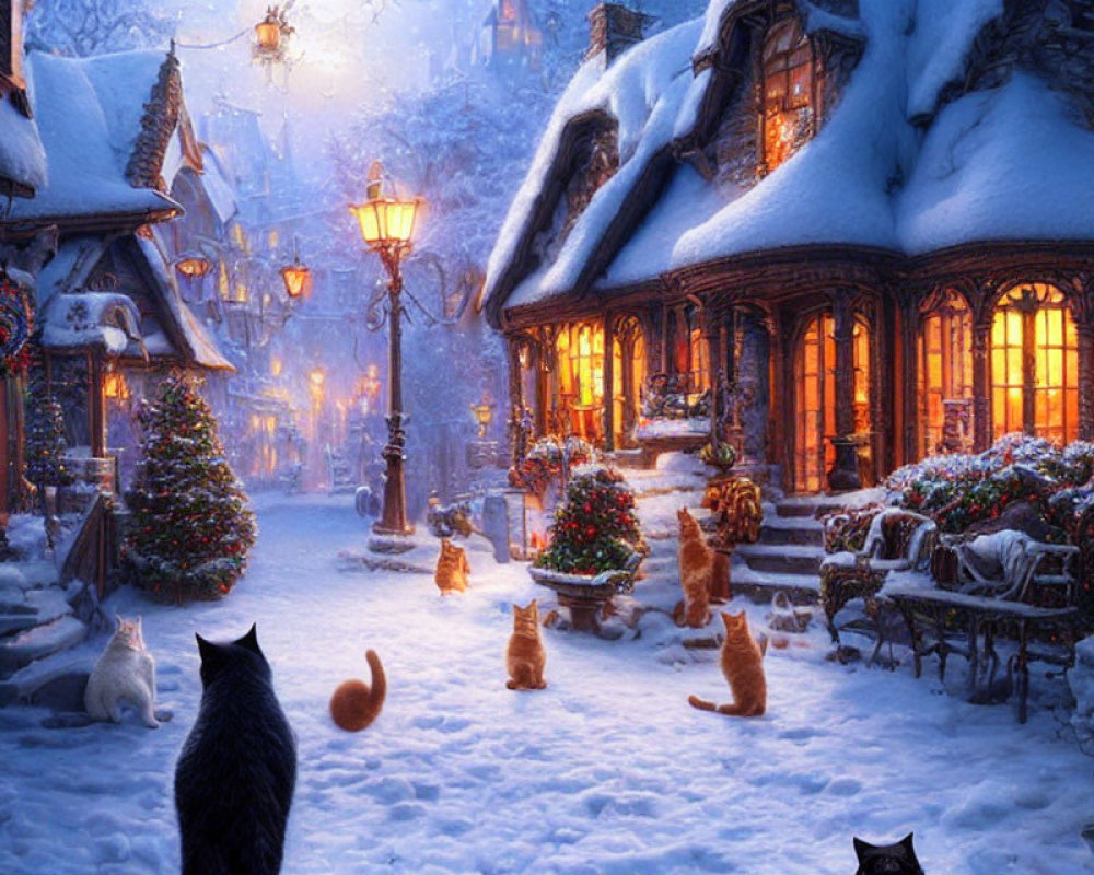 Whimsical winter scene with cats on snow-covered street