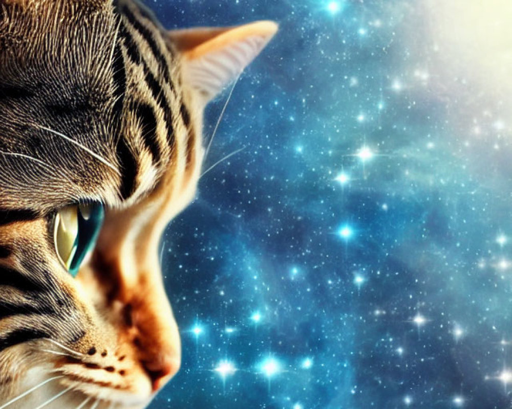 Tabby Cat Head on Starry Galaxy Background