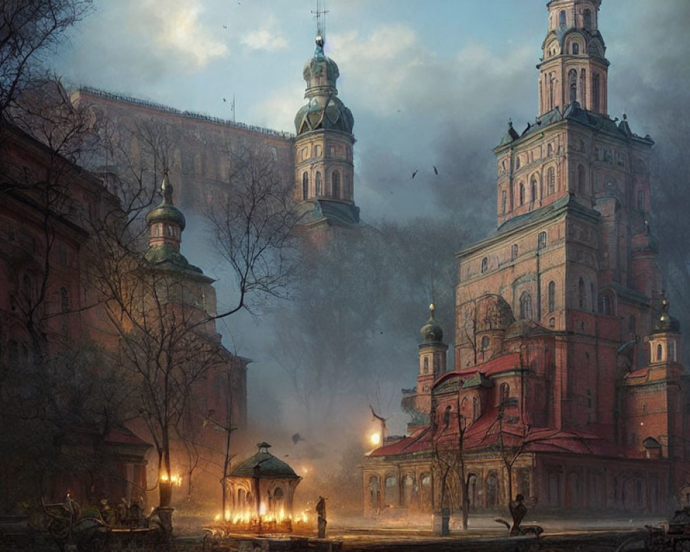 Baroque church with spires in foggy evening scene with vintage car and silhouetted figures