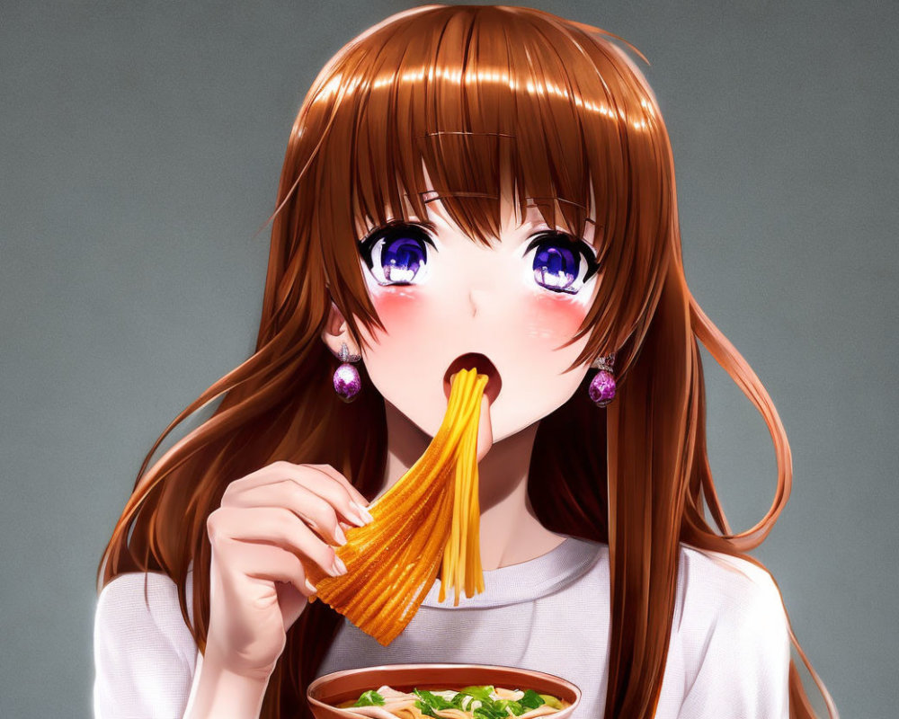 Brown-haired anime girl with purple eyes eating noodles in white shirt and purple earrings, with bowl of noodles