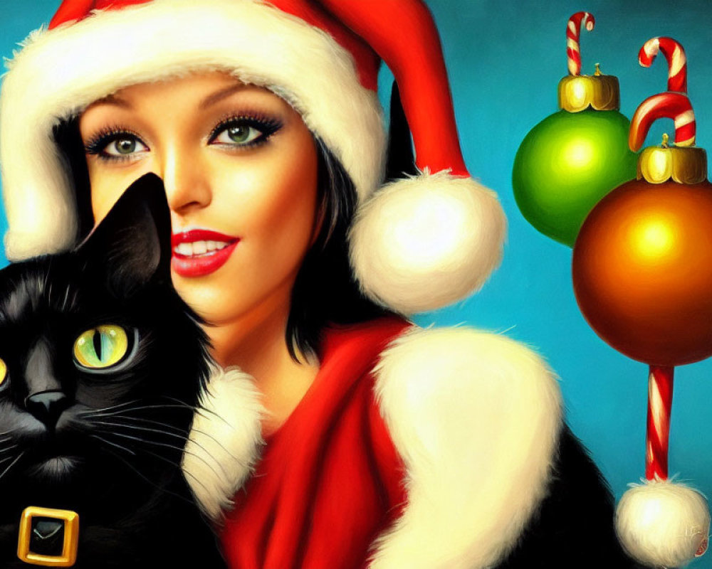 Woman in Santa Hat Smiling with Black Cat and Christmas Decorations